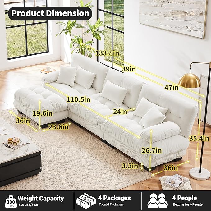 Modern L-Shaped Couch, 3-Seater Cloud Couch with Round Bolster Armrests, Oversized Loveseat Sectional Sofa, Chenille Fabric, White