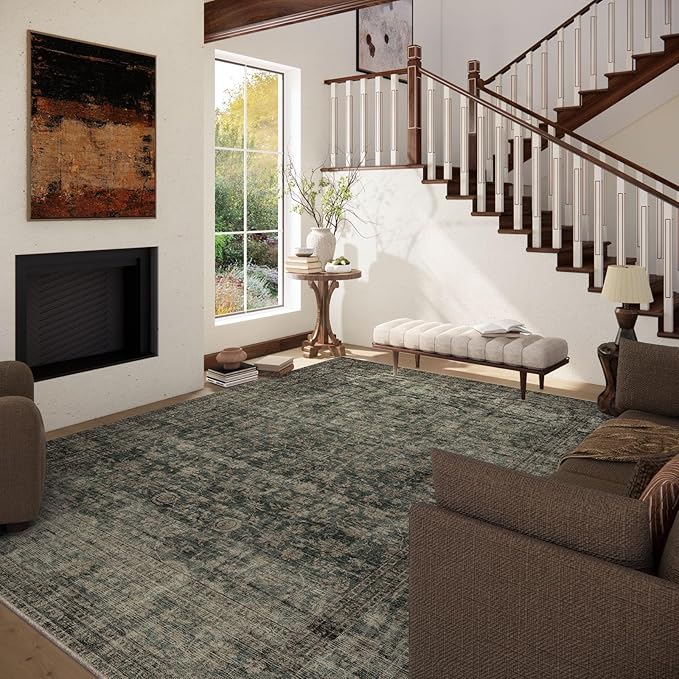 10x12 Area Rugs for Living Room: Large Washable Rugs Stain Resistant Non Slip Distressed Vintage Floral Rug Low Pile Faux Wool Soft Green Rugs for Bedroom Farmhouse Dining Room Kids Playroom Nursery