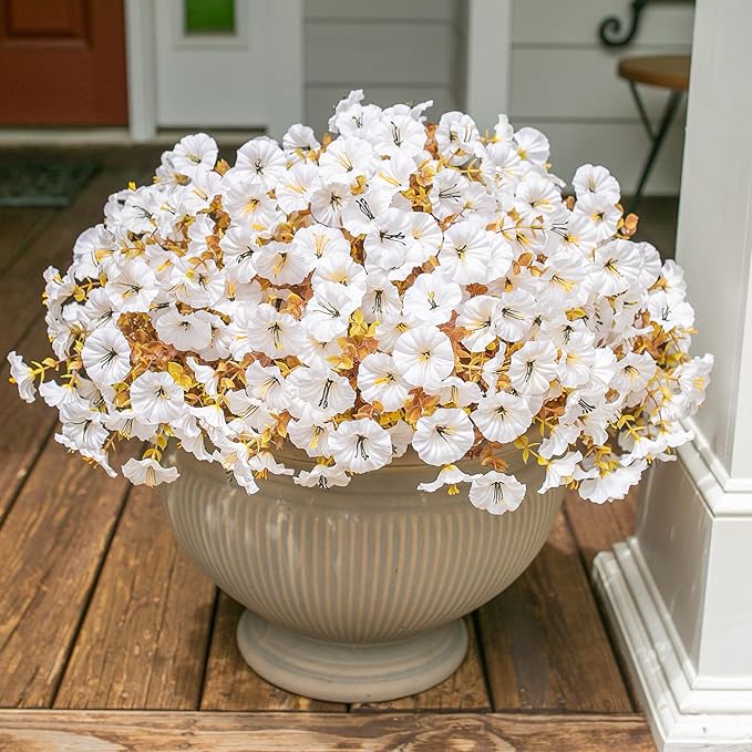 Fake Mums Artificial Fall Flowers Fake Plants for Outdoors Autumn Decor, 12 Bundles White Silk Morning Glory with Eucalyptus Look Real UV Resistant Faux Flowers for Outside Planters Front Door Yard