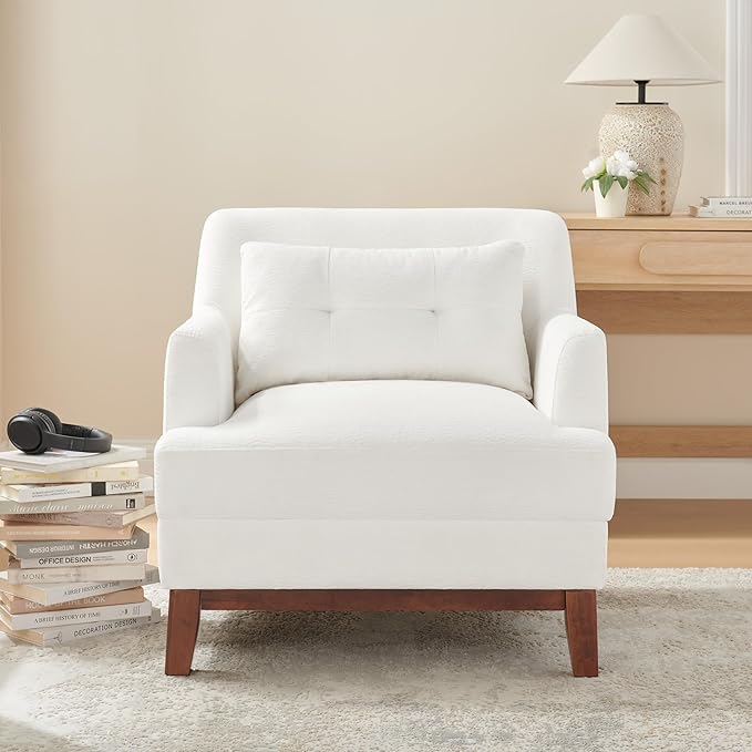 Modern Accent Chair with Terry Fabric, Upholstered Armchair with Spring Package Cushion & Solid Wood Frame, Comfy Lounge Chair for Living Room, Bedroom, or Reading Corner, Terry, White