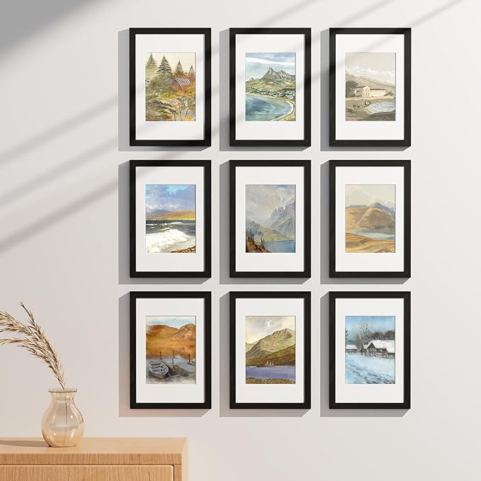 Vittanly 8x12 Picture Frames Set of 9, Shatter Resistant Plexiglass, Display 6x8 Pictures with Mat or 8x12 without Mat, Photo Frames for Wall or Tabletop, Engineered Wood, Black