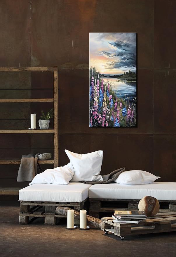 LASMOND Beautiful Colorful Grassland by Riverbank Landscape Wall Art Decor Artwork for Bedroom (24x48 Inches)