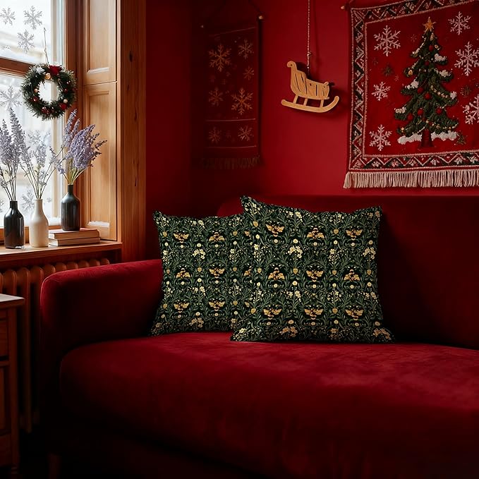 William Morris Inspire Floral Bee Pillow Covers 18x18 Set of 2, Dark Academia Art Nouveau Cottagecore Flower Botanical Bumblebee Decorative Throw Pillow Covers for Home Bedroom Living Room