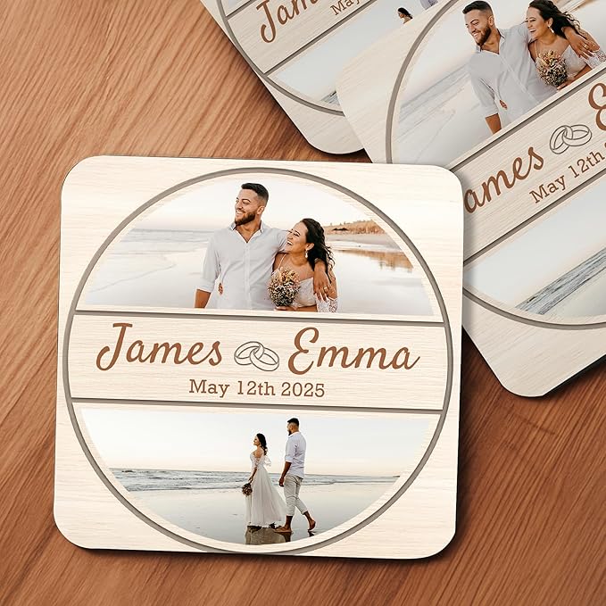 60 Pack Personalized Wedding Coasters, Custom Cardboard Coasters for Drinks with Photo Print and Text, Keepsake Wedding Favors and Gifts for Couples, 4x4 Square, Design 5