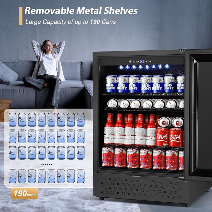 Tylza Beverage Refrigerator 24 Inch, Under Counter/Freestanding Drink Fridge, 190 Cans Beverage Cooler with Glass Door, Reversible Door, Low Noise, Quick Cooling - for Beer, Soda, ETC, Black