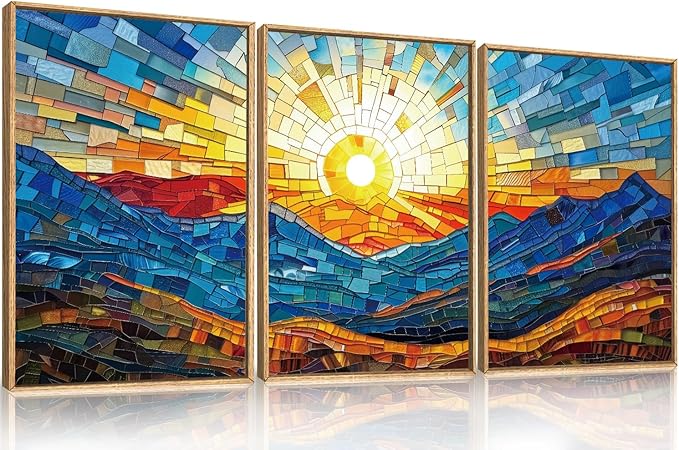 Mountains Framed Canvas Wall Art Set, Modern Abstract Art Painting, Irregular Square Ridge Wall Decor, Sunrise Art Print for Living Room, Bathroom, Bedroom, Office - 16"x24"x3