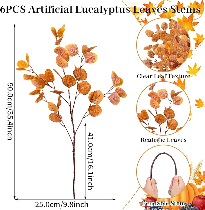 6 Pcs 36" Artificial Eucalyptus Fall Leaves, Long Fake Eucalyptus Leaves Stems Plants Fall Decorations for Indoor Home Office Party Autumn Decor