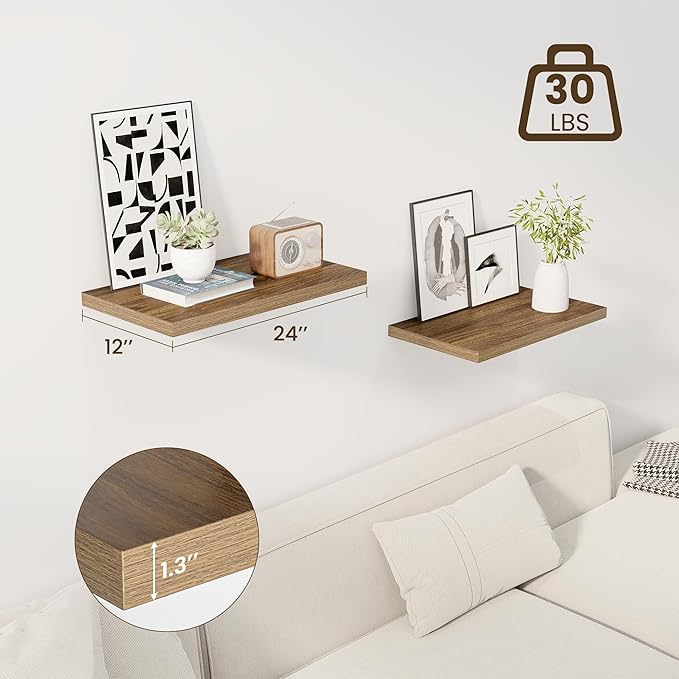 24" Floating Shelves for Wall, 12" Deep Slim Walnut Floating Shelves, Wall-Mounted Shelves for Bedroom, Living Room, Kitchen, Bathroom - Set of 2