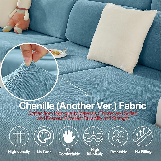 Sectional Couch Covers for L Shaped Sectional Sofa (Left or Right Facing) – Softer Chenille Sofa Covers Washable, Non-Slip Stretch Chaise Slipcover (Only 1PC Chaise Cushion Cover, Blue)