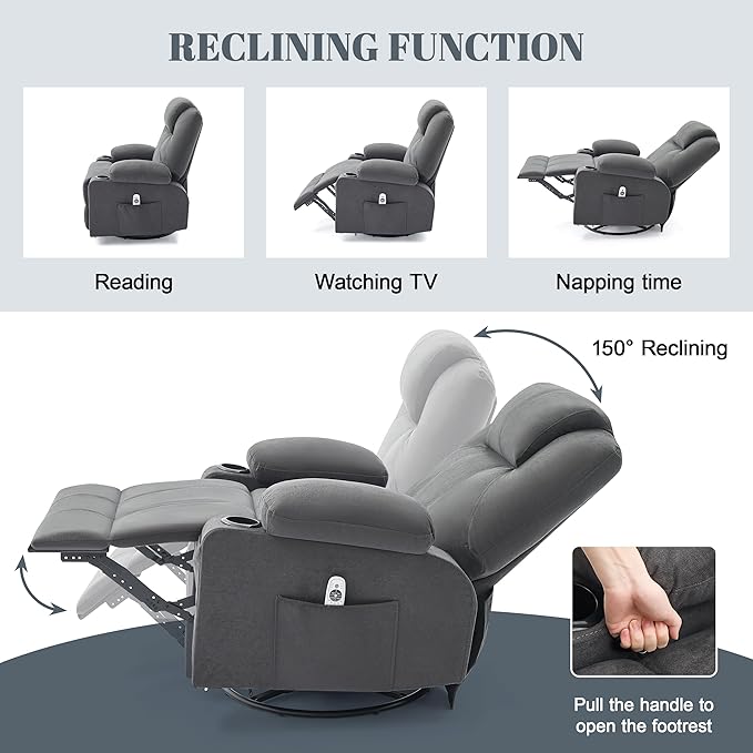 Oversized Swivel Rocker Recliner Chair with Heat and Massage, 360 Degree Swivel Rocking Single Sofa with Cup Holders and USB Port, Big Large Recliner Chair for Living Room (Fabric, Darkgrey)