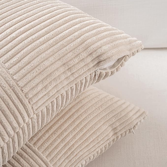 Fancy Homi 2 Packs Tan Lumbar Decorative Throw Pillow Covers 16x28 Inch for Living Room Couch Bed Sofa, Boho Home Decor, Soft Striped Corduroy Rectangle Accent Beige Cushion Case 40x70 cm