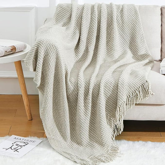 Blagic Grey and White Knit Throw Blanket with Tassel Home Decor Blanket Holiday Throw Wrap Shawl Scarf, Lightweight Soft Cozy Warm Fluffy, Wheat Textured, 60" W x 80" L