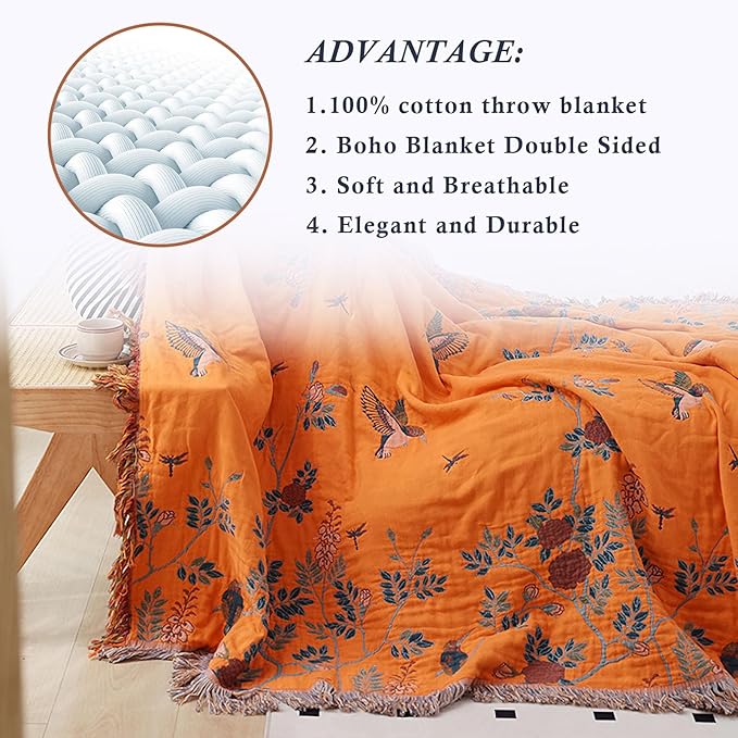 Snycler Boho Throw Blanket for Bed, 100% Organic Cotton Muslin Soft Throw-Floral Bird Farmhouse Rustic Spring Summer Fall Decor Blanket for Couch Sofa Quilt and Gift, 60" x 80" Orange