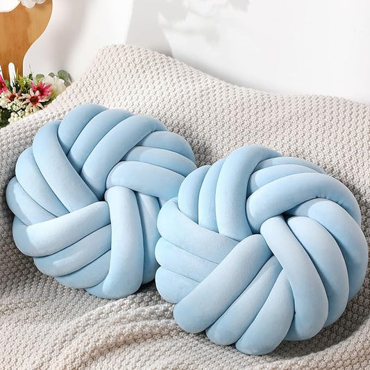 Fumete 2 Pcs 14 Inches Knot Pillow Round Throw Soft Plush Knot Ball Pillow Handmade Knotted Modern Home Decorative Cushion for Bed Bedroom, Sofa, Couch (Sky Blue)