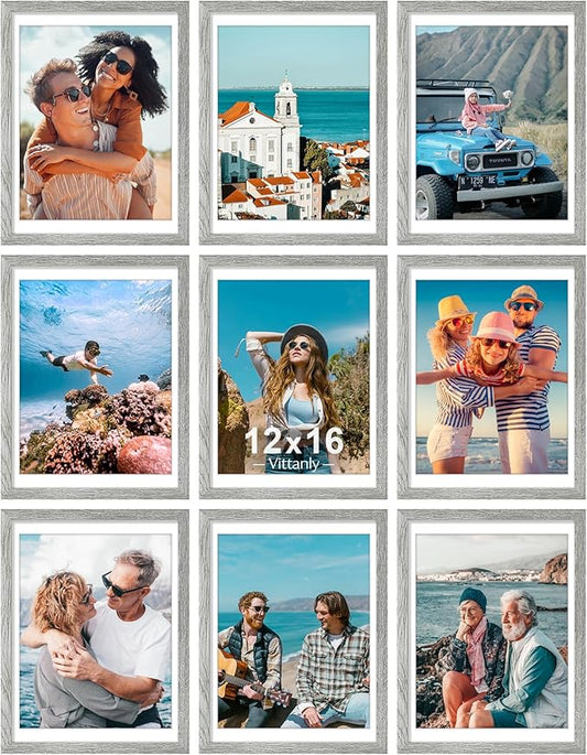 Vittanly 12x16 Picture Frames Set of 9, Shatter Resistant Plexiglass, Display 11x14 Pictures with Mat or 12x16 without Mat, Photo Frames for Wall Mount, Engineered Wood, Grey