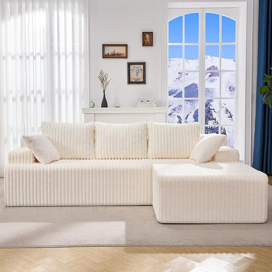 Hobestluk 96“ Modular Sectional Sofa Couches L-Shape Couch 3 Seat Modular Sofa Memory Foam Sectional Couches for Living Room, Cloud Couch with Oversized Chaise (White, Stripe (Right Facing Chaise))