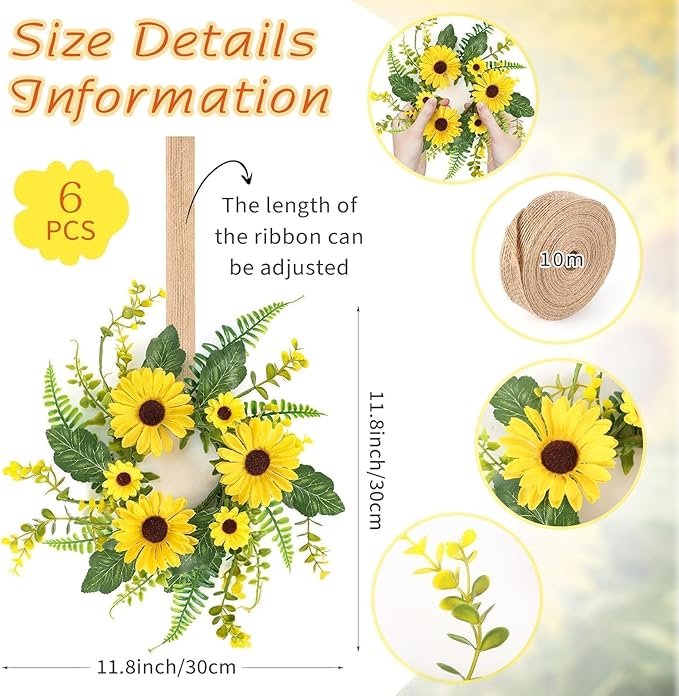 6 Pcs Mini Sunflower Wreath for Front Door Artificial Sunflower Spring Summer Swag Wreath Fake Yellow Floral Candle Rings Wreaths for Pillars Cabinets Window Home Wall Décor