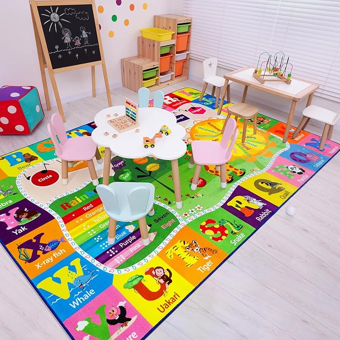 Kids Rugs for Playroom Classroom Bedroom, Educational and Fun Play Mat with ABC Alphabet Animals, Learning Rug for Children Toddler Baby Girls Boys Nursery, Washable, 4x6