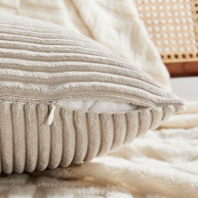 Fancy Homi 2 Packs Neutral Taupe Decorative Throw Pillow Covers 22x22 Inch for Living Room Couch Bed Sofa, Rustic Farmhouse Boho Home Decor, Soft Corss Corduroy Patchwork Accent Cushion Case 55x55 cm