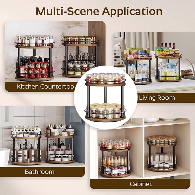Spice Rack, Set of 2 Lazy Susan Organizer, 2-Tier Turntable Organizer, Rotating Spice Rack Organizer For Cabinet, Compact and Versatile, for Kitchen Countertop, Rustic Brown SR22L2BR