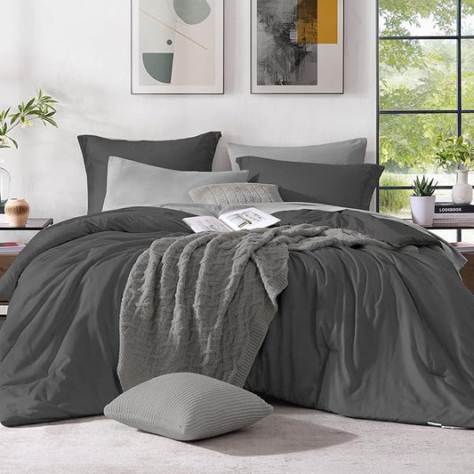 Monbix King Size Comforter Set, Dark Grey King Size Bed Set Reversible 7 Pieces, Cationic Dyeing Bed in a Bag with Comforter, Sheets, Pillowcases & Shams