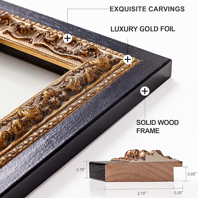 59.5"x30" Living Room Mirrors for Wall Decor, Black Antique Mirror with Gold Foil Carvings Wooden Frame for Bathroom, Entryway and Bedroom