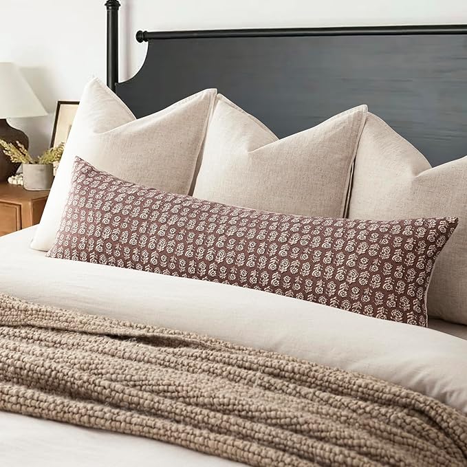 Foindtower Set of 2 Decorative Vintage Long Lumbar Throw Pillow Covers Neutral Modern Farmhouse Cushion Covers Floral Home Decor for Sofa Couch Chair Bedroom Living Room,14×36 Inch,Wine Red