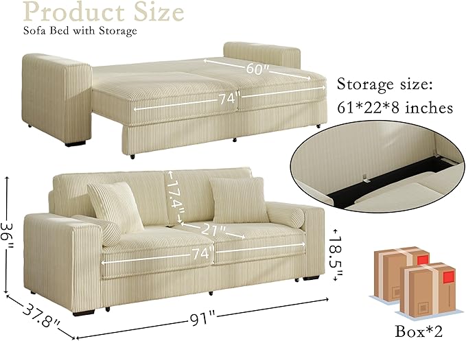 91-Inch Corduroy Pull Out Couch with Storage, Convertible Queen Sleeper Sofa with Pull Out Bed, Hide a Bed Couches for Bedroom, Guest Room, Apartment, Small Places, RV (Beige)