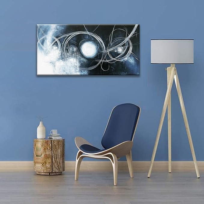 TAIJXAGSG Canvas Wall Art Decor Artwork Modern Paintings Dark Blue Wall Decorations Maximalist White Line Abstract Wall Art Prints For Wall Bedroom Kitchen Office Artwork Ready To Hang 20"×40"