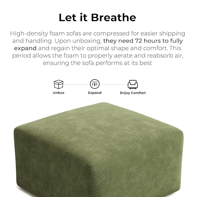 LIKIMIO 120" Modern L-Shaped Modular Sectional Sofa for Living Room, Corduroy Upholstery Green, Oversized 3-Seater Couch with Deep Seat and Movable Ottoman – No Assembly