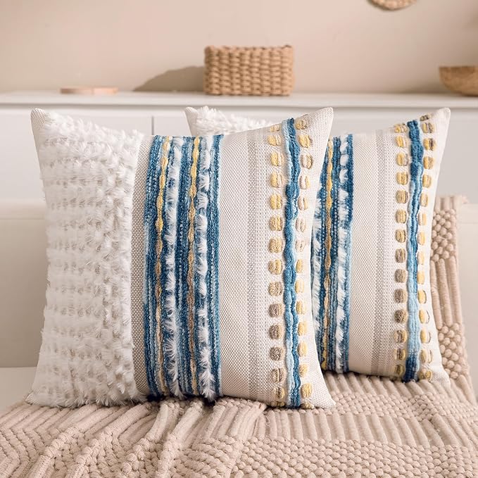 Boho Chenille Tufted Couch Throw Pillow Covers 18x18 Inch Set of 2 Farmhouse Striped Decorative Pillow Covers Accent Neutral Square Pillowcase Blue Cushion Covers for Livingroom Sofa Bed