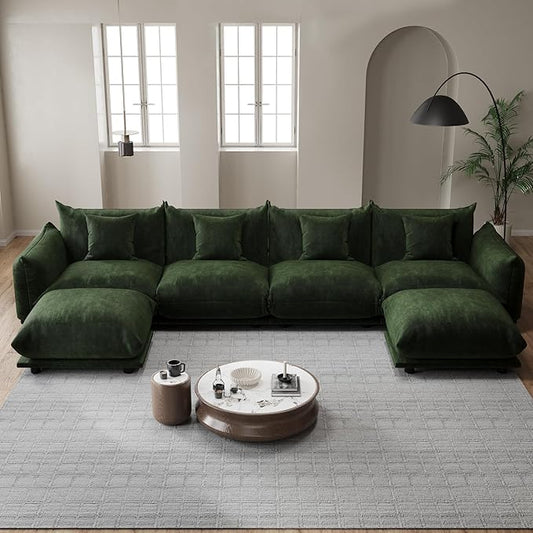 Modern Minimalist Chenille Modular Sectional Sofa, Oversized Deep-Seat U-Shaped Couch with Movable Ottoman, Thick Cushions, Upholstered Sofa for Living Room, Bedroom, Office, Apartment Green 2 Ottoman