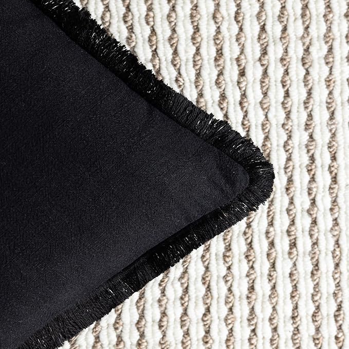 Foindtower Decorative Linen Fringe Throw Pillow Covers Cozy Boho Farmhouse Cushion Cover with Tassels Soft Accent Pillowcase for Chair Sofa Bed Living Room Home Decor, 24×24 Inch, 1PC, Black