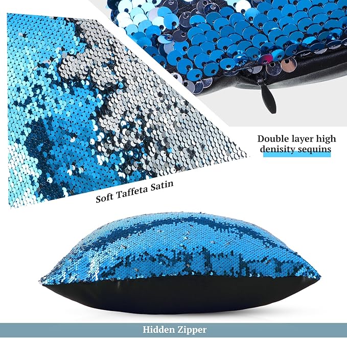 Irenare 4 Pcs Sequin and Fluffy Pillow Covers Winter Throw Pillow Cases Soft Cushion Cover for Couch Bed Sofa Xmas Day(18 x 18 Inch,White, Silver-Blue)