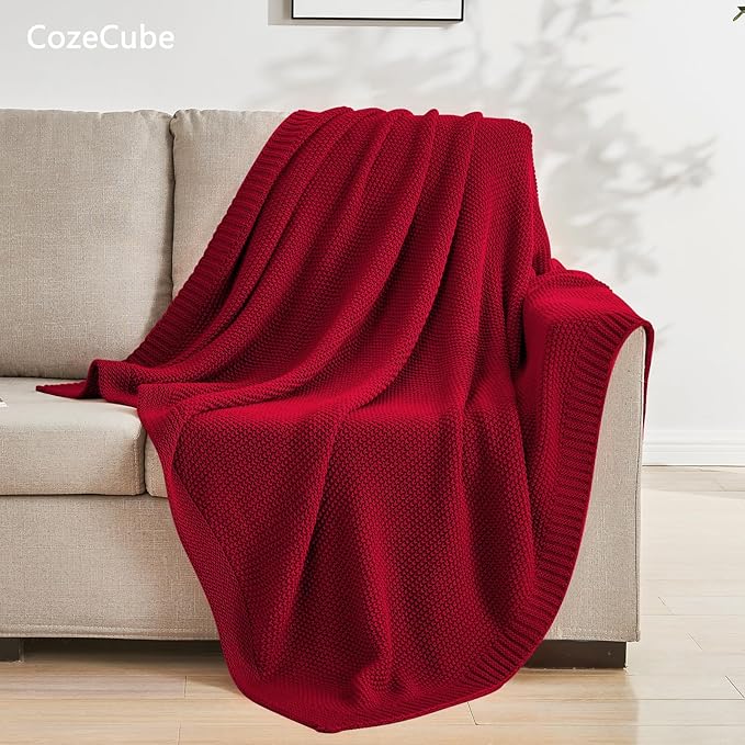 CozeCube Christmas Red Throw Blanket for Couch, Soft Cozy Cable Knit Throw for Bed Sofa Living Room, Lightweight Warm Decorative Farmhouse Christmas Blanket, 50"x60", Red