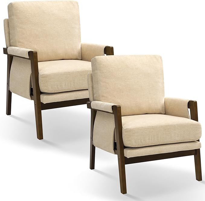 Modern Accent Chairs Set of 2 for Living Room Mid Century Arm Chairs Upholstered Bedroom Chairs Comfy Lounge Chairs with Solid Wood Frame, Beige