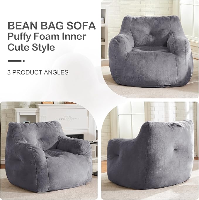 Hobestluk Bean Bag Chair for Adult Small Bean Bag Chairs with Arms Furry Beanbag Chair with Foam Filler Stuffed Bean Bag Sofa for Reading in Bedroom Living Room and Dorms(Grey)