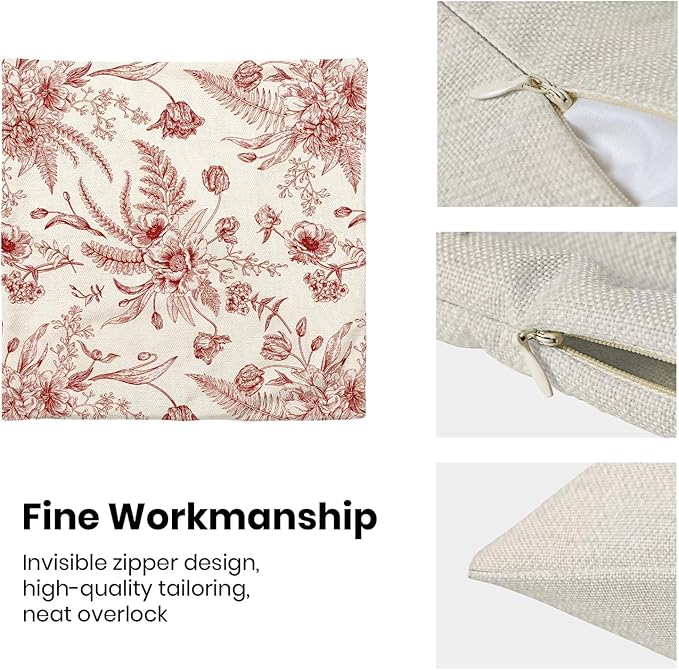 Wine Red Spring Pillow Covers 18 x 18 Inch Set of 2 for Chinoiserie Flowers Decor Throw Pillows Burgundy Floral Leaves Seasonal Plant Outdoor Decorative Cushion Cases for Couch Bed Decorations