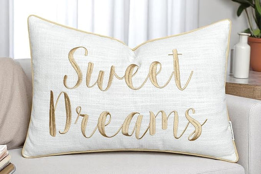 Rudransha 12x18 Sweet Dreams Lumbar Pillow Cover - Embroidered Elegant Throw Pillowcase - Decorative Cushion for Bed, Sofa, Kids Room, Reading Nook - Soft Neutral Accent - Ivory (Beige Thread)