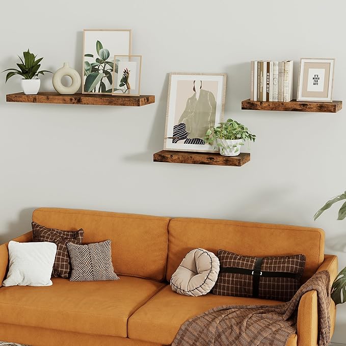 Floating Shelves for Wall, 16 inchs x 6.7” deep x 1.4” Bathroom Shelf Bedroom, Living Room, Kitchen, Farmhouse Decor, Rustic Wood Wall Shelves with Invisible Brackets - Set of 2, Rustic Brown