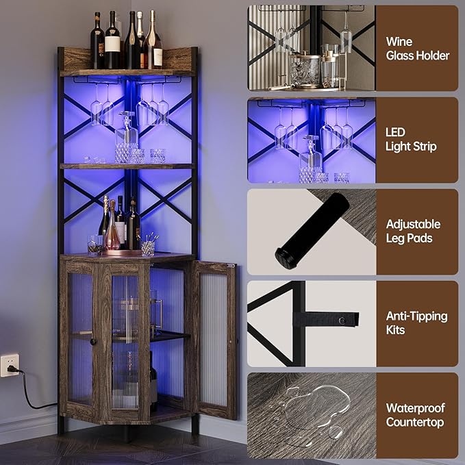 Corner Bar Cabinet with Power Outlet, 5-Tier Corner Wine Cabinet with Led Strip and Glass Holder, Industrial Tall Liquor Cabinet Bar Wine Rack for Home, Grey Oak