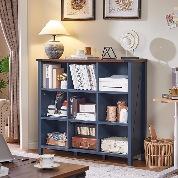 9 Cube Bookcase, Farmhouse 47 Inch Wide Navy Blue Bookshelf, Wooden 3 Tier Display Large Open Book Shelf, Vintage Horizontal Book Case for Home Office, Cubby Storage Cabinet for Living Room