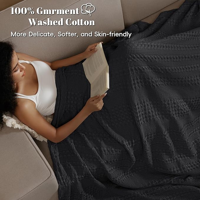 PHF 100% Cotton Waffle Weave Blanket Twin Size, Soft Lightweight Breathable Cozy Summer Blankets for Bed, Luxury Aesthetic Woven Bedding for Home Decor, 66"x90", Black