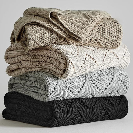 Longhui bedding Chunky Cotton Knit Throw Blanket for Couch, Sofa, Bed, or Chair, Decorative Breathable Fall Cable Knit Blanket 60 x 80 Inches, Large Medium Weight Beige
