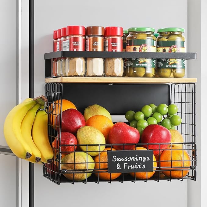 [WIDER Shelf]1 SET Strong Magnetic Shelf Basket for Fridge with Tag & Bamboo Top, XXL Large Magnetic Spice Rack Shelves for Side of Refrigerator, Kitchen Pantry Storage Organizer for Food Fruit Veg