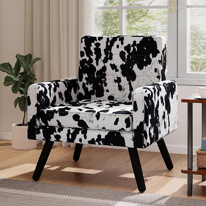 Kromax Mid-Century Modern Accent Chair for Living Room, 496 Lb. Weight Capacity, Dual Armrests, Comfy Extra Large Seat, Timeless Style Perfect for Reading & Relaxing, Cow Pattern