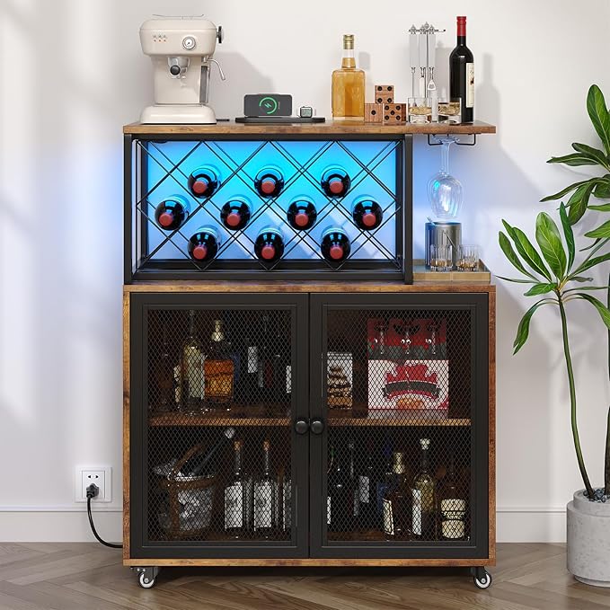 Wine Bar Cabinet with Wheels, 4-Tier Bar Cart with Power Outlets and LED Light, Liquor Cabinet Home Mini Bar with Wine Rack, Coffee Bar Cabinet for Liquor, Rustic Brown