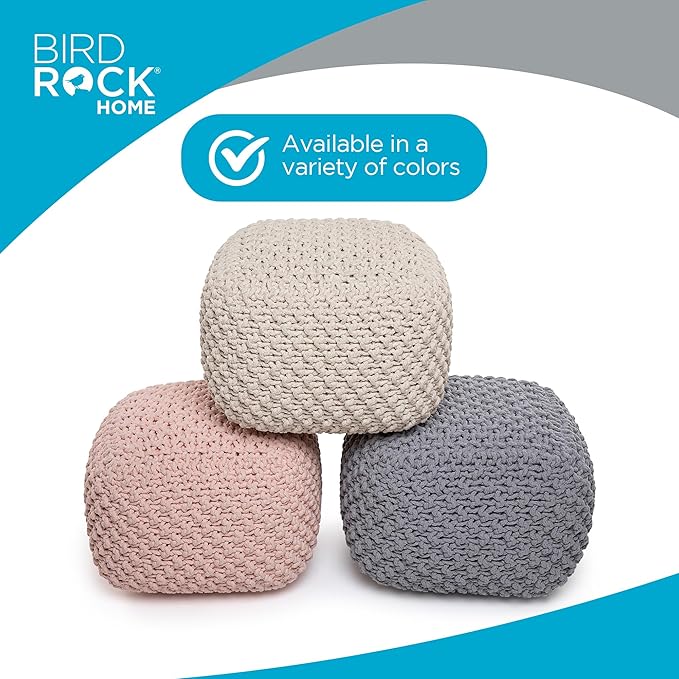 BIRDROCK HOME Square Pouf Ottoman | Cotton Braided Foot Stool with Bean Bag Filling | Boho Foot Rest for Living Room, Bedroom | Compact & Comfortable Seating, Lightweight & Sturdy | Natural