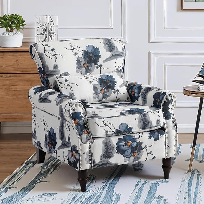 Wingback Accent Chair with Removable Pillow, High Back Floral Armchair with Solid Wood Legs & Nailhead Trim, Comfy Upholstered Reading Single Sofa Chair for Bedroom (1, Ink Blue Pattern)