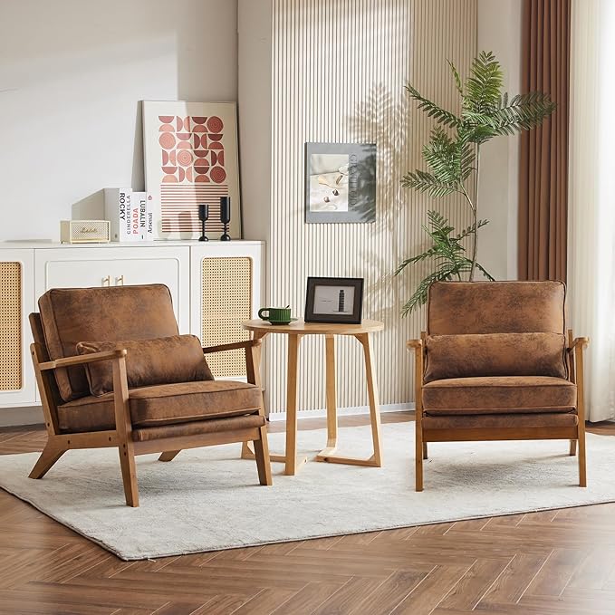 Karl home Accent Chair Wide Armrest Mid-Century Lounge Chair Bronzing Cloth Armchair with Lumbar Pillow & Solid Wood Frame for Living Room, Bedroom, Balcony, Brown